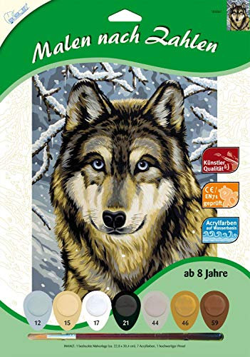 Mammut 105067 – Kit de Peinture par numéros au Motif Animal, Loup, kit Complet avec modèle de coloriage imprimé au Format A4, 7 peintures acryliques et pinceaux, kit de Peinture pour Enfants à partir