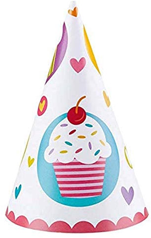 Amscan 997218 - Partyhüte Cupcake, 6 Stück, Größe 16,2 cm, mit Gummiband, Weiß mit mehrfarbigen Motiven, Papierhut, Hut, Kappe, Accessoire, Kuchen, Muffin, Herzen, Kinderparty, Geburtstag, Mottoparty