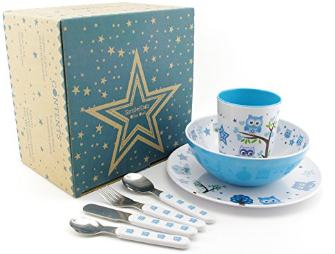 SmileKIDZ ~ OLLIE OWL ~ Deluxe 7 Piece Eating Set ~ Includes Plate, Bowl, Tumbler and 4 Piece Cutlery Set