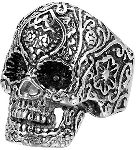 JewelryWe Vintage Mens Gothic Carving Flower Skull Stainless Steel Ring Black Silver(Size T) Valentine Day Gift