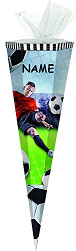 alles-meine.de GmbH Schultüte - Fußball - Fußballspieler/Soccer - 50 cm - rund - incl. Namen - mit Tüllabschluß - Zuckertüte - mit/ohne Kunststoff Spitze - für Jungen/F..