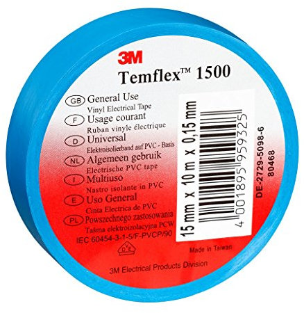 3M Temflex TBLA1525 Temflex 1500 Vinyl Elektro-Isolierband, 15 mm x 25 m, 0,15 mm, Blau