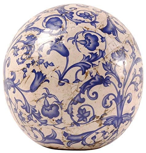 Esschert Design 2 Stück Dekokugel, Gartenkugel aus Keramik in blau-weiß, Größe S, Ø ca. 13 cm