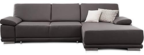 CAVADORE Ecksofa Corianne in Lederoptik / Couch inkl. Armteilverstellung und Longchair in modernem Design / 282 x 80 x 162 / Kunstleder, grau