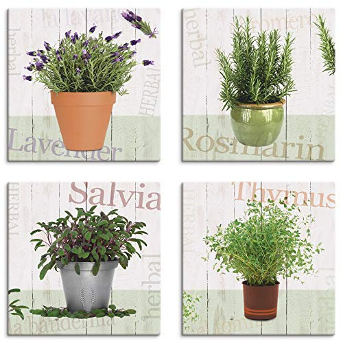 ARTLAND Wanddeko Küchenbilder Leinwand Bilder Set 4 teilig je 40x40 cm Quadratisch Wandbilder Kräuter Töpfe Lavendel Rosmarin Salbei Thymian J6QA