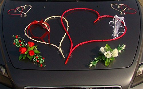TOP HERZE Auto Schmuck Braut Paar Rose Deko Dekoration Autoschmuck Hochzeit Car Auto Wedding Deko PKW (Groß Weiß/Rot)