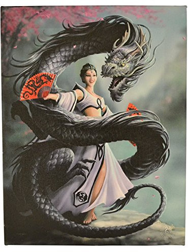Fantastisches Anne Stokes Design - Dragon Dancer - Dragon Tänzer – eine gotische orientalische Märchen mit Fans tanzen mit chinesischen Drachen - Leinwand Bild auf Bild-Wand-Plakette / Wand Kunst