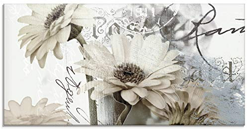 ARTland Wanddeko Glasbilder Wandbild Glas Bild einteilig 100x50 cm Querformat Blumen Blüten Gerberas Schriftzug Shabby Chic T4RU