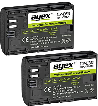 ayex LP-E6N Akku 2er Set Kompatibel mit Canon z.B. EOS R R5 R6 5D Mark II Mark III Mark IV 5DS R 7D 6D High-End Li-Ion Zellen 2040mAh Leistungsstark