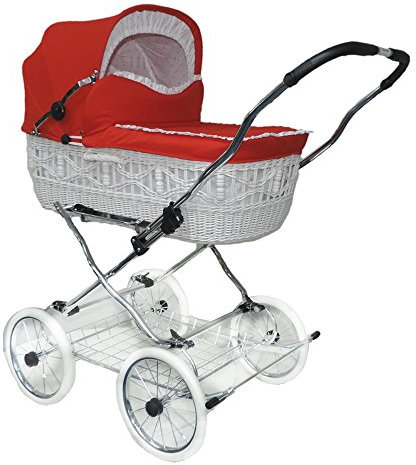EICHHORN Kinderwagen Weidenkorb - Kinderwagen aus echter Weide, handgeflochten, Korb Weiß, Stoff Rot
