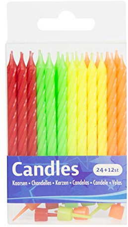 Folat 22903 Kuchenkerzen mit Halterung-neon bunt sortiert-24 STK. -ca. 6 cm, neonfarben Sortiert