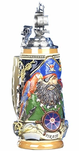 KING Chope de bière allemande pirate Barbe Noire relief, couvercle voilier, artillerie avec repose-doigt 0,5 litres