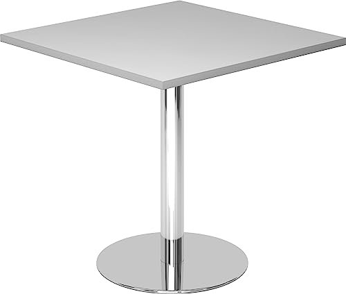 bümö Besprechungstisch, Esstisch klein, Tisch eckig 80x80 cm - Kleiner Esstisch grau, Rundtisch Esstisch 2 Personen mit Holz-Platte, Säule aus Metall verchromt, Konferenztisch, Bistrotisch
