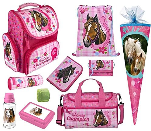 Familando Schulranzen 1. Klasse · ergonomischer Tornister · Schultasche für Jungen und Mädchen (Komplett Set mit Schultüte, Pferde Pink)