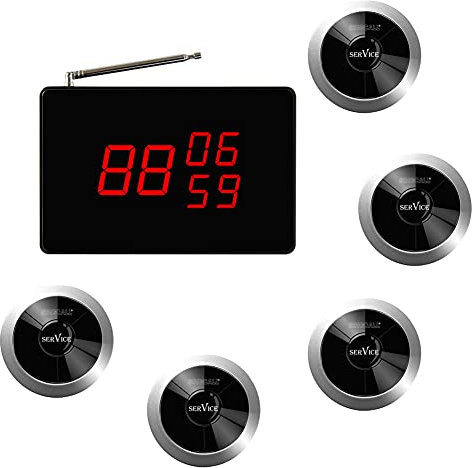 SINGCALL Wireless Restaurant Service Call System, Wireless Pager System 1 Screen Display and 5 Call Buttons for Restaurant/Bar/Hospital