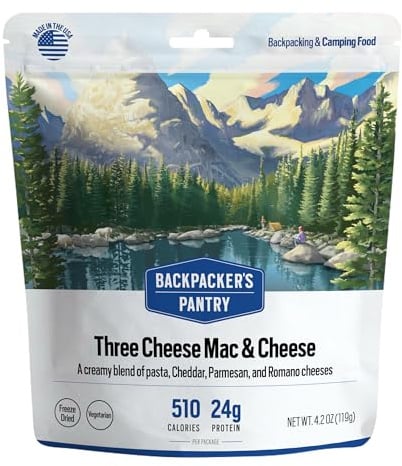 Backpacker's Pantry Three Cheese Mac & Cheese | 1er-Pack | 24g Protein | 510 Kal | Vegetarisch, Nussfrei | Hergestellt in den USA | Gefriergetrocknete Mahlzeit & Campingfutter
