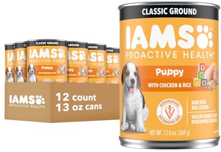 IAMS Proactive Health Puppy Wet Dog Food, Classic Ground Dog Wet Food, with Chicken and Rice, 13 oz. Cans (Pack of 12)