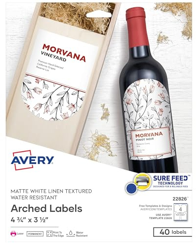 Avery Arched Wine Labels with Sure Feed for Laser Printers, 4.75 x 3.5, 40 White Labels (22826)