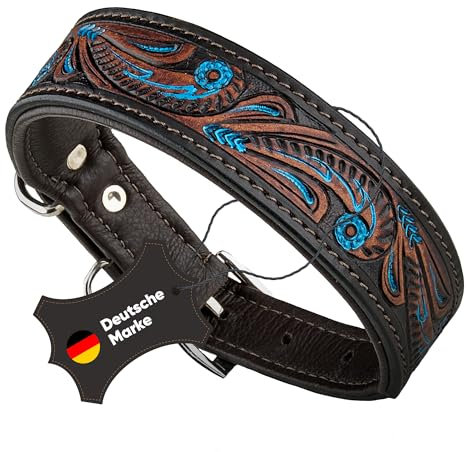 MICHUR Luis Hundehalsband Leder, Lederhalsband Hund, Halsband, Braun mit blauen Akzenten und schönem Stanzmuster, Leder, in verschiedenen Größen erhältlich