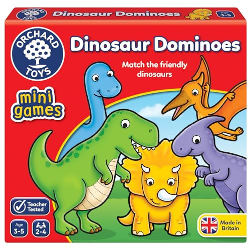 Orchard Toys Dinosaur Dominoes Mini Game, Small and Compact, Travel Game, A Fun Dinosaur Themed Domino Game, Perfect For Children Age 3-5