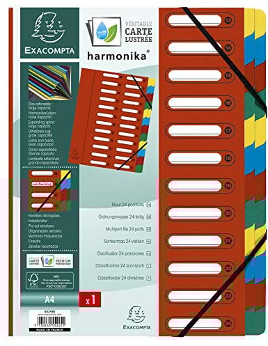 Exacompta - Réf. 55245E - 1 trieur HARMONIKA - avec élastiques et fenêtres découpées - couverture en carte lustrée - dos extensible - 24 compartiments - pour A4 - dim 24,5 x 32 cm - couleur rouge