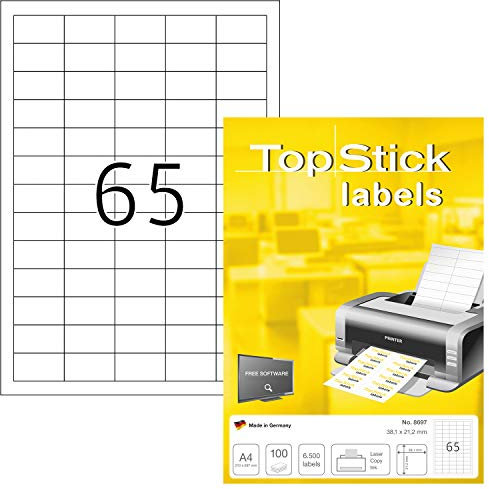 TopStick 8697 Universal Etiketten, 100 Blatt, 38,1 x 21,2 mm, 65 pro A4 Bogen, 6500 Stück, selbstklebend, bedruckbar, matt, blanko Papier Klebeetiketten Aufkleber, weiß