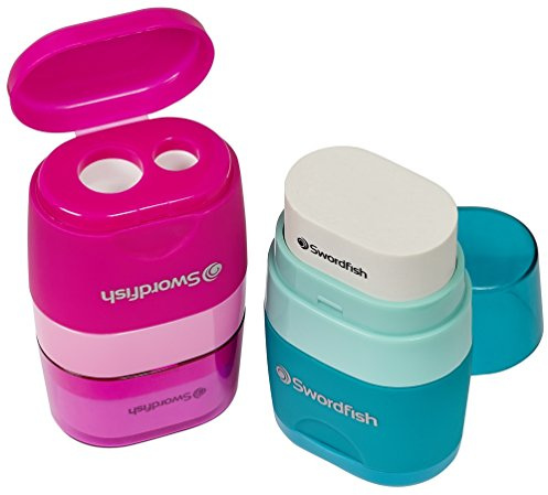 Swordfish ‘Twin Combo’ Double-Hole Pencil Sharpener and Eraser [Pack of 20] Assorted Colours [40295]