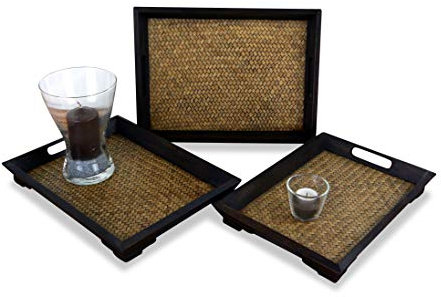 livasia Asiatisches Tablettset aus Rattan, Thai Serviertablett, Schale aus Holz für Frühstück oder Deko