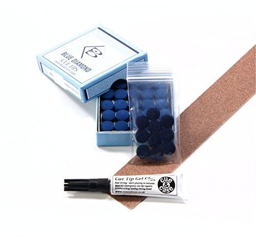 10 X 10mm Leather Blue Diamond Snooker Pool Cue Tips - FREE C&C Cue Tip Gel Glue