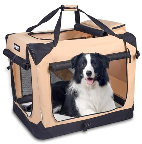 JESPET Weiche Hundebox für Haustiere, 3 Türen, weiche Seiten, faltbar, Reise-Tragetasche mit Gurten und Fleece-Matte für Hunde, Katzen, Kaninchen, 91,4 cm L x 61 cm B x 68,6 cm H, Beige