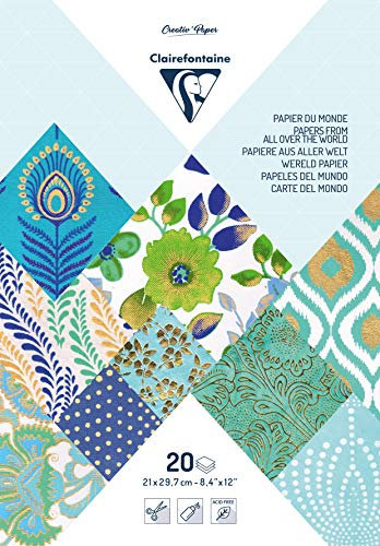Clairefontaine 95095C Block verleimt mit 20 Bögen Papier aus aller Welt (21 x 29,7 cm, geeignet für Scrapbooking) 1 Pack blau