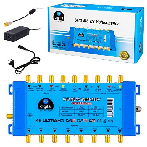 hb-digital 9/8 Multischalter mit externem Netzteil für 8 Teilnehmer und 2 Satellit – nur für Quattro LNB geeignet UHD 4K Full HD DVB-S/S2 – terrestrischer Eingang – vergoldete F-Anschlüsse