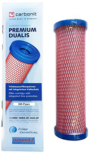 Premium Dualis EM Carbonit pas. für u.a. Sanuno, Vario - Wasserfilterpatrone mit EM, wirksamen, chemiefreien Kalkschutz und Aktivkohleblock 0,45 µm - Kapazität 5000 Liter, max. 6 Monate
