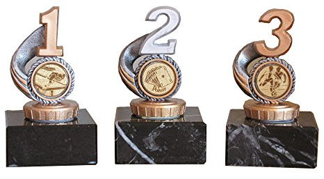 3er-Serie Sportpokale (1,2,3 R) mit Gravur (Für Angeln, Bowling, Dart, Fußball, Kegeln, Schützen, Poker und Würfeln). (Schützen)