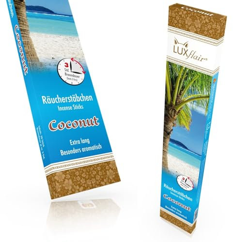 LUXflair varitas de Incienso Gigante de jardín Coco/Coconut, hasta 3h de Tiempo de combustión Lenta por Pieza, 20 Piezas, Ideal para Barbacoa, Barbacoa, Camping, Festival