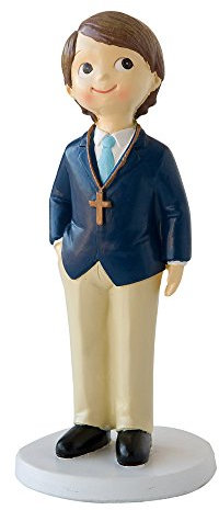 Mopec Figura de pastel para Comunión de niño con rosario y americana azul, pack de 1 unidades, Poliresina, 7.80x7.80x16.00 cm