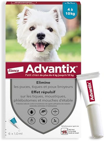 Advantix Petit Chien entre 4 et 10 kg – Pipettes pour chien contre 6 parasites – Traitement et protection pour pendant 4 semaines – 6 x 1,0 ml