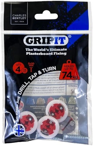 GripIt Rot 18 mm Gipskarton-Befestigungen für Ständerwände – Maximale Belastung 74 kg (4 Stück)