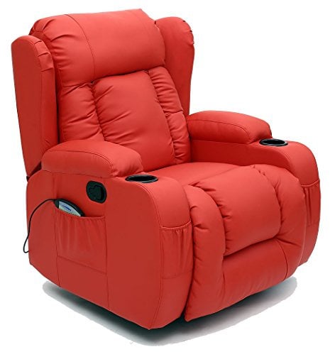 More4Homes CAESAR 10 IN 1 WINGED RECLINER CHAIR ROCKING MASSAGE SWIVEL HEATED GAMING BONDED LEATHER ARMCHAIR (Red)