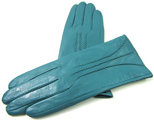 Damen Premium Quality Super Weich Leder Handschuhe Pelzfutter Streifen Detail Slim Fit - Jade, S