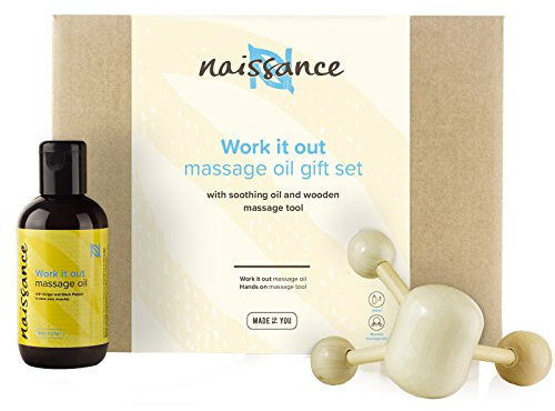 Naissance Work it Out - Muskeln & Gelenke Wärmenes Massageöl und Holzmassager Geschenk Set mit Rosmarin und Schwarzer Pfeffer für Jede Gelegenheit - für Frauen & Männer