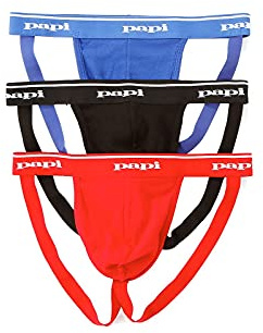 papi Men's Premium Performance 3-Pack Jockstrap, Athletic Supporter, Breathable Male Workout Underwear, Red/Black/Blue, Medium