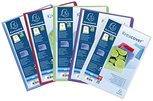 Exacompta - Réf. 5739E - Carton de 12 Protège-documents Kreacover Chromaline - 30 pochettes cristal lisse - 60 vues - pour A4 - dim 24 x 32 cm - couverture en polypro semi-rigide - couleurs assorties