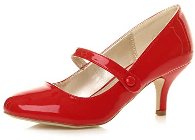 AJVANI Low mid Heel Mary Jane Strap Work Party Court Shoes Size 8 41 Red Patent