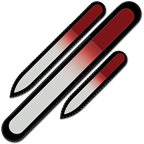 Mont Bleu Professional Set of 3 Red Crystal Nail Files in Black Pouch - Genuine Czech Tempered Glass - Handmade in Czech Republic - Fingernail File for Natural Nails