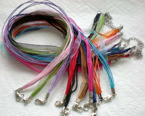 10pcs Mixcolor 4+1 Voile Ribbon Necklace Cord 17.5 W/extender + Free Beading Station Handcrafted Pendant(1) by Beading Station