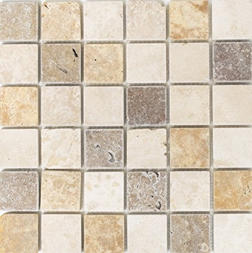 Piastrelle a mosaico, quadrate, travertin mix di tumbled travertino in pietra naturale, da cucina, formato: 48 x 48 x 10 mm, dimensioni foglio: 305 x 305 mm, 10 fogli