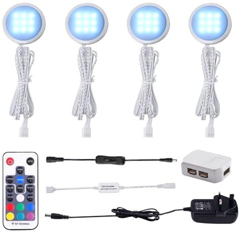 AIBOO Under Cabinet Kitchen Lights RGB 4 Pack with Remote,LED Under Cabinet Light Colour Changing Puck Light 12V Ultra Slim Dimmer&Timer Under Cupboard Kitchen Lights Pulg in,Under Counter Lights