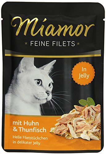 MIAMOR - Feine Filets in Jelly | Nassfutter für ausgewachsene Katzen mit Filetstückchen in Jelly. Fettarmes Ergänzungsfutter im Frischebeutel ohne Zusatzstoffe | 24x100g Huhn & Thunfisch