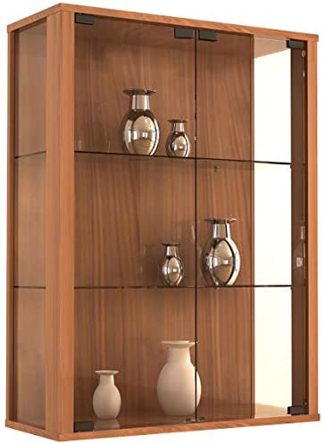 VCM Glasvitrine hängend | Vitrine Glas mit ESG-Sicherheitsglas | Maße: H. 80 x B. 60 x T. 25 cm | Hängevitrine Glas | Modern und platzsparend | Glas Vitrinenschrank - Udina Kern-Nussbaum